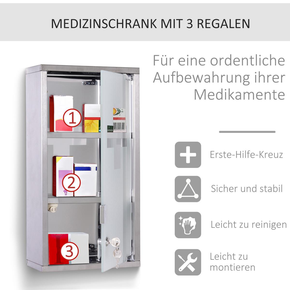 MEDIZINSCHRANK Arzneischrank Erste-Hilfe-Schrank mit Schloss 3 Fächer Stahl - Silberfarben, Glas (12/48/25cm) - HOMCOM