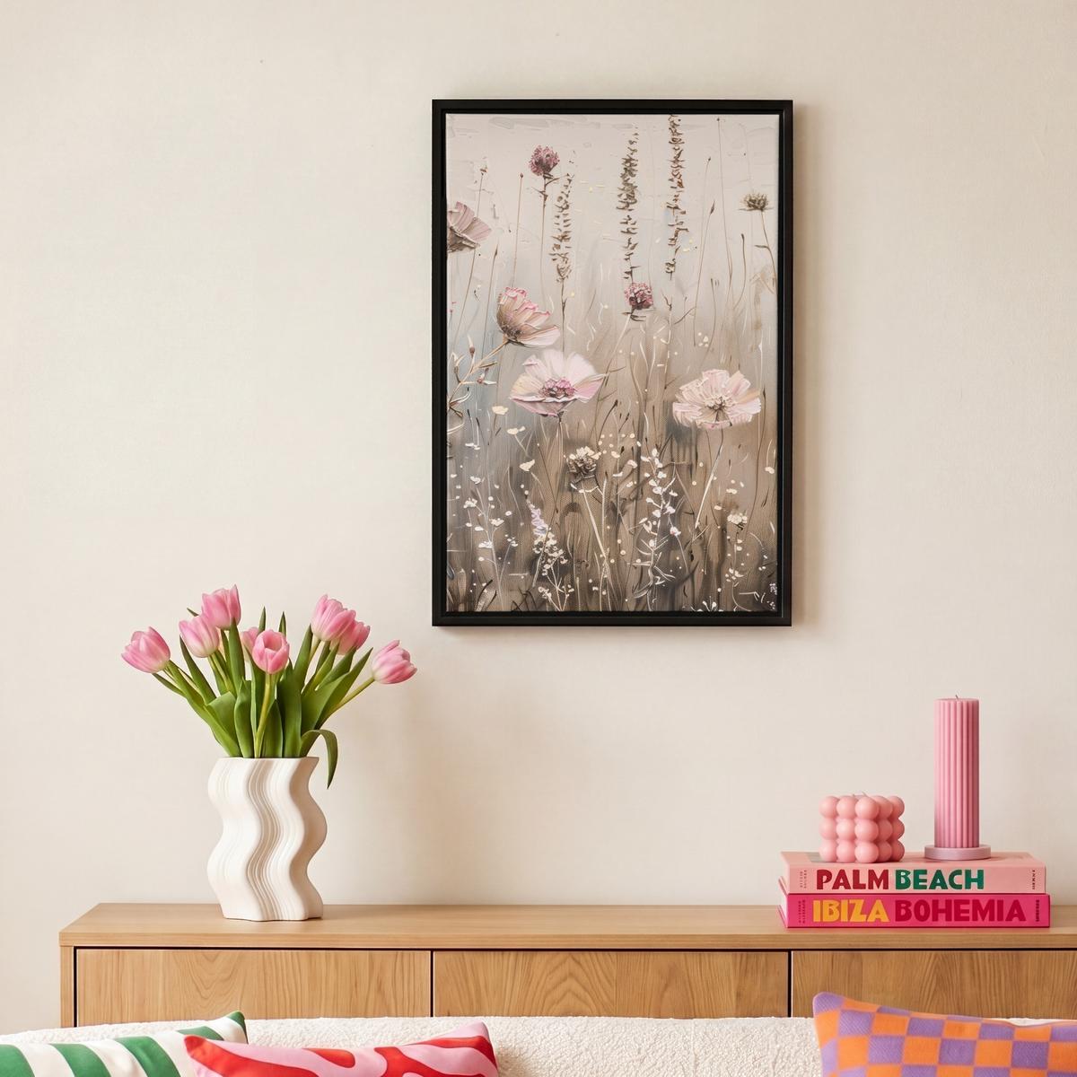 LEINWAND Bilder mit Rahmen - Blumen - Rosa - Modern - Beige - 20x30 - Beige, Textil (20/30cm) - MuchoWow