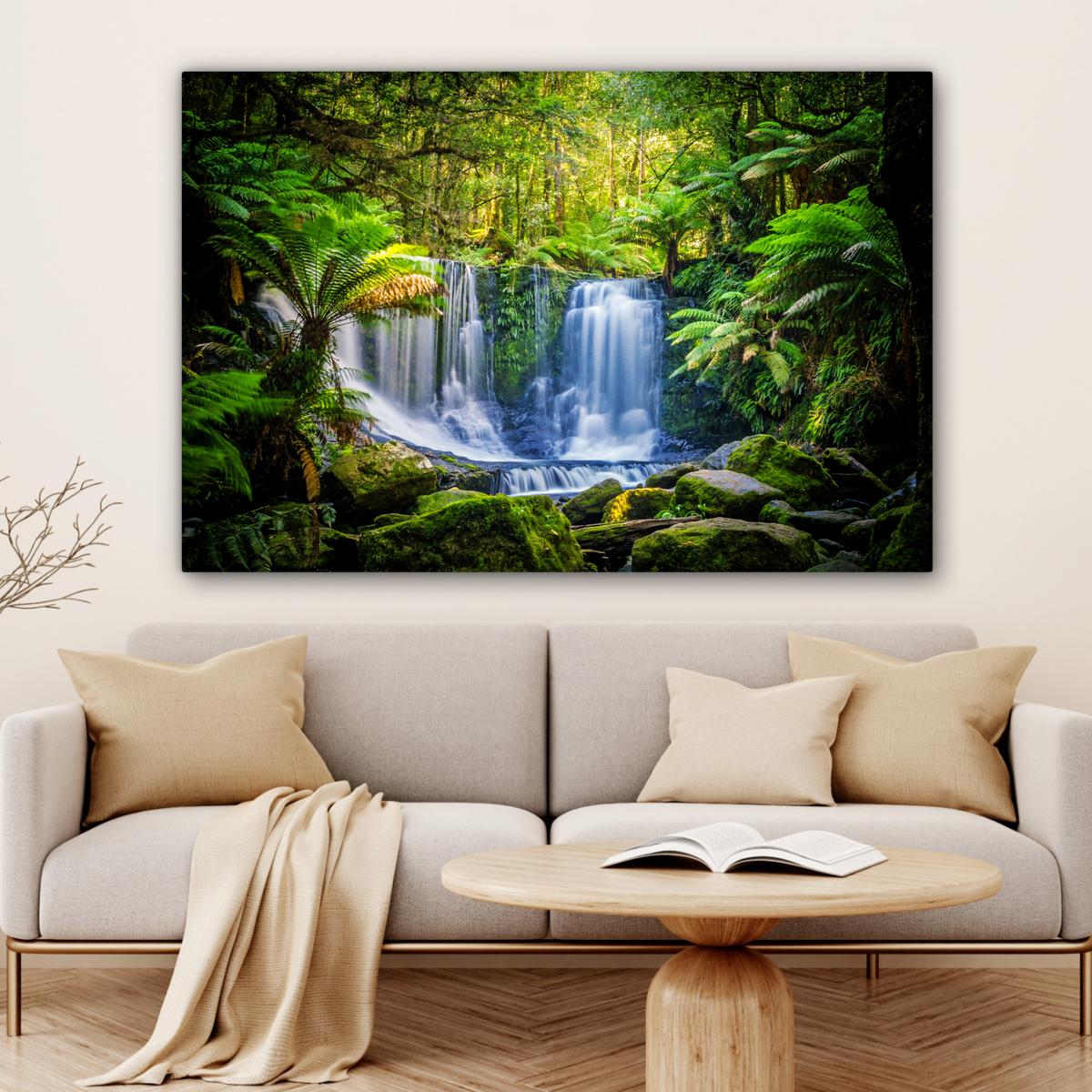 LEINWANDBILD Dschungel - Wasserfall - Australien - Pflanzen - Natur XXL 150x100 cm - Dunkelgrün, Textil (150/100cm) - MuchoWow