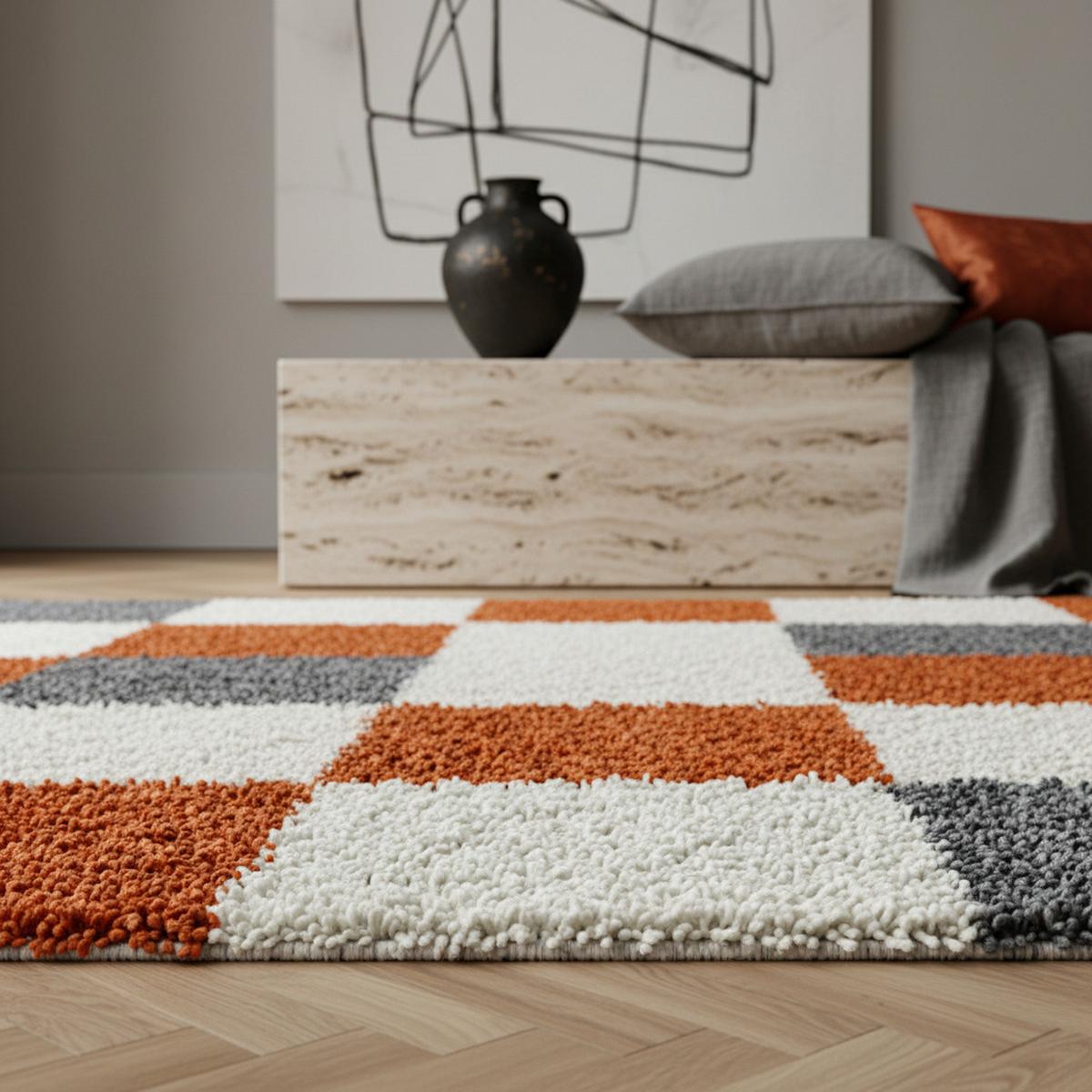 HOCHFLORTEPPICH RHEIN, kariert, Terrakotta, 80 x 250 cm - Orange, Textil (250/80cm) - KADIMA DESIGN