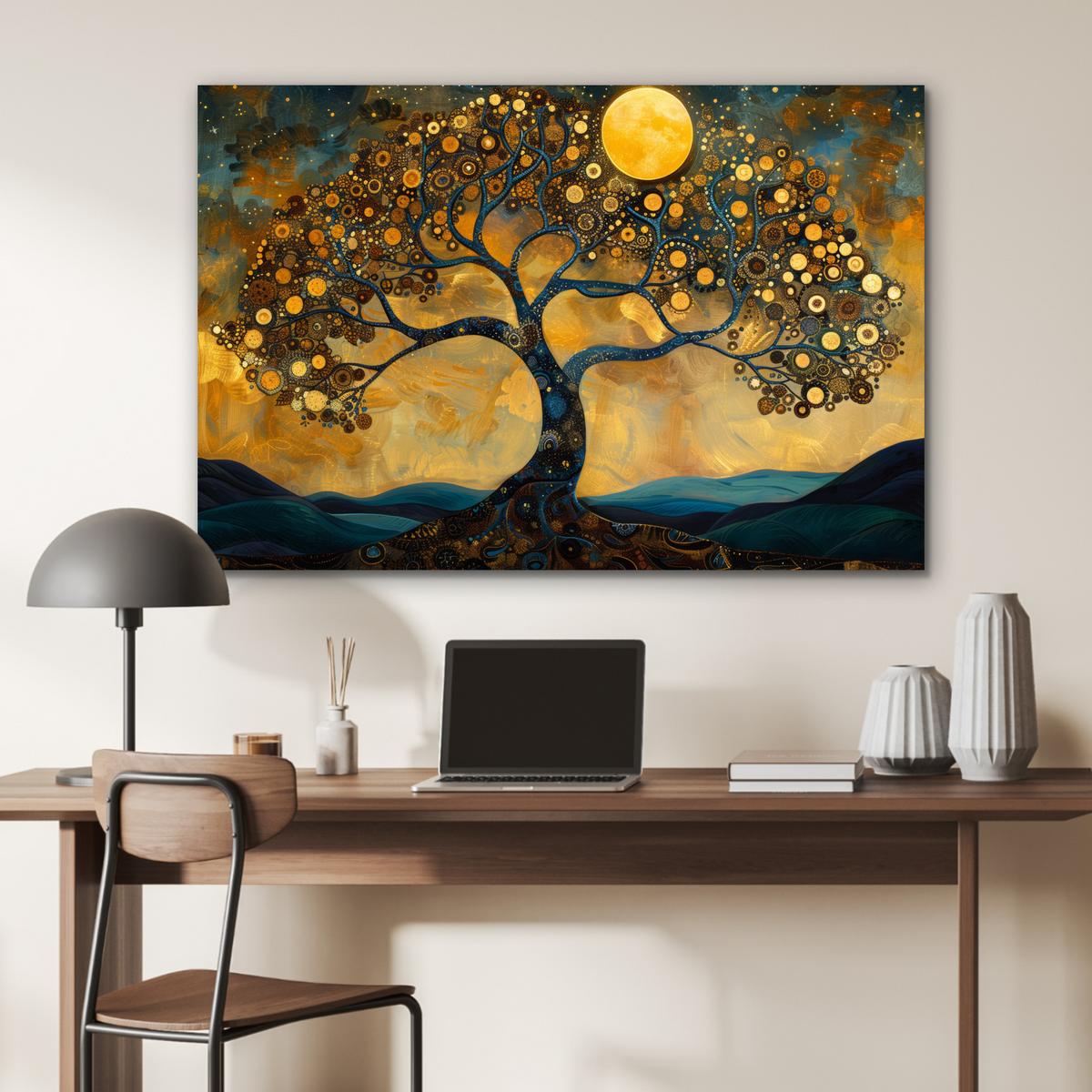 METALLBILD Baum - Mond - Blumen - Gold - Kunst Wanddeko 90x60 cm - Orange, Metall (90/60cm) - MuchoWow
