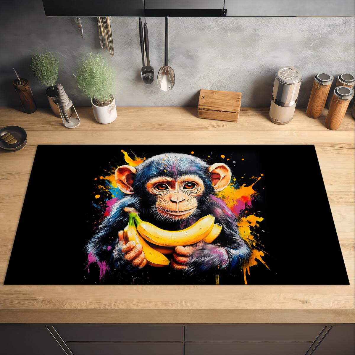 HERDABDECKPLATTE Affe - Graffiti - Farbenfroh - Bananen - Modern Induktionsschutz 91.6x52.7 cm - Gelb, Kunststoff (91.6/52.7/0.2cm) - MuchoWow