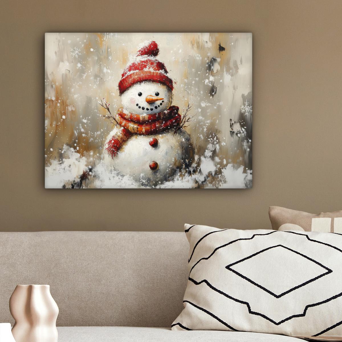 LEINWANDBILD Schneemann - Winter - Schnee - Beige Wandbild 40x30 cm - Weiß, Textil (40/30cm) - MuchoWow