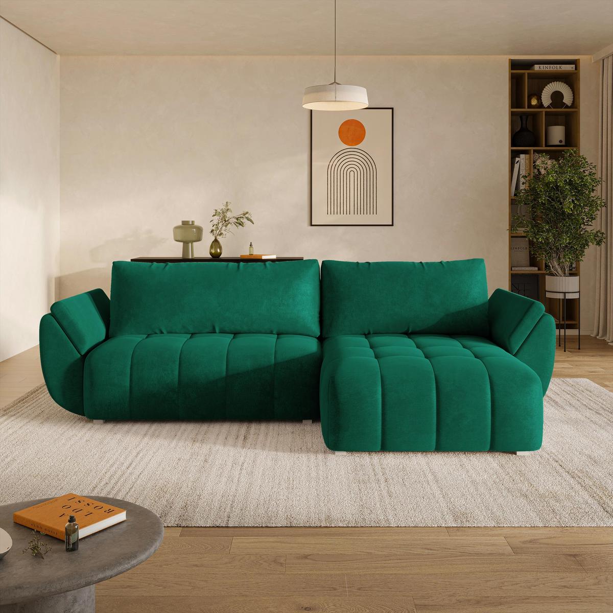 ECKSOFA OLSI Grün Velours-Stoff mit Schlaffunktion - Grün, Holz (285/148cm) - MASSENO