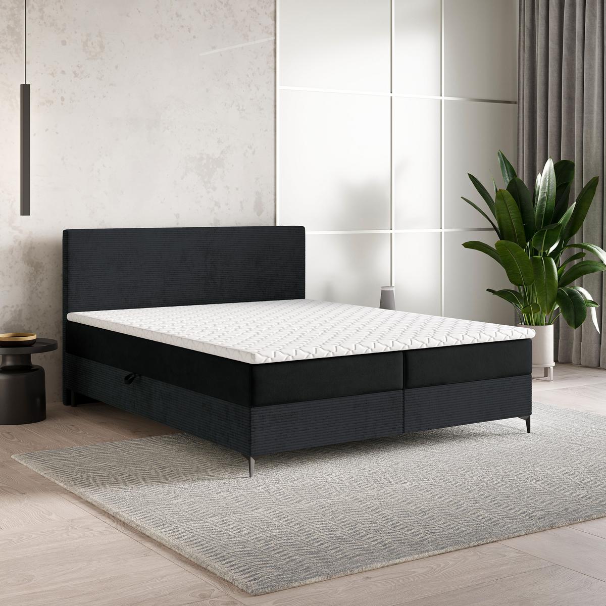 BOXBETT TORREL 160x200 cm mit Matratze und Topper - Schwarz - Schwarz, Holz (160/200cm) - MASSENO