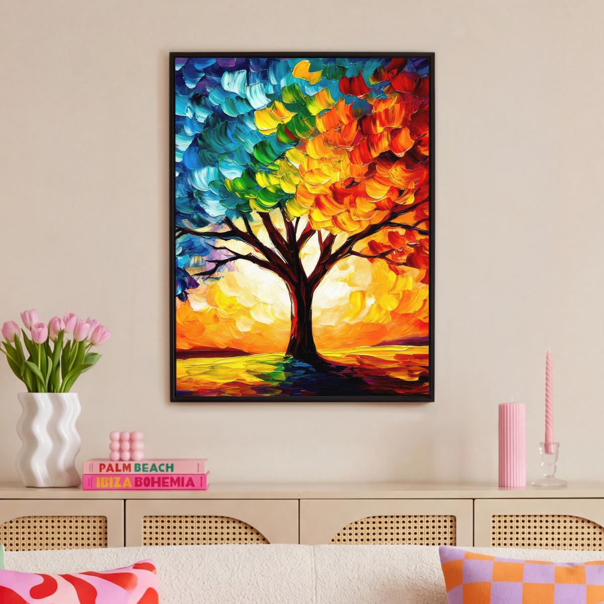 LEINWAND Bilder mit Rahmen - Baum - Kunst - Natur - Sonnenuntergang - 70x100 - Multicolor, Textil (70/100cm) - MuchoWow