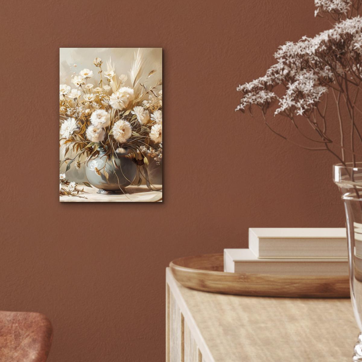 METALLBILD Blumen - Vase - Stilleben - Beige 20x30 cm - Creme, Metall (20/30cm) - MuchoWow