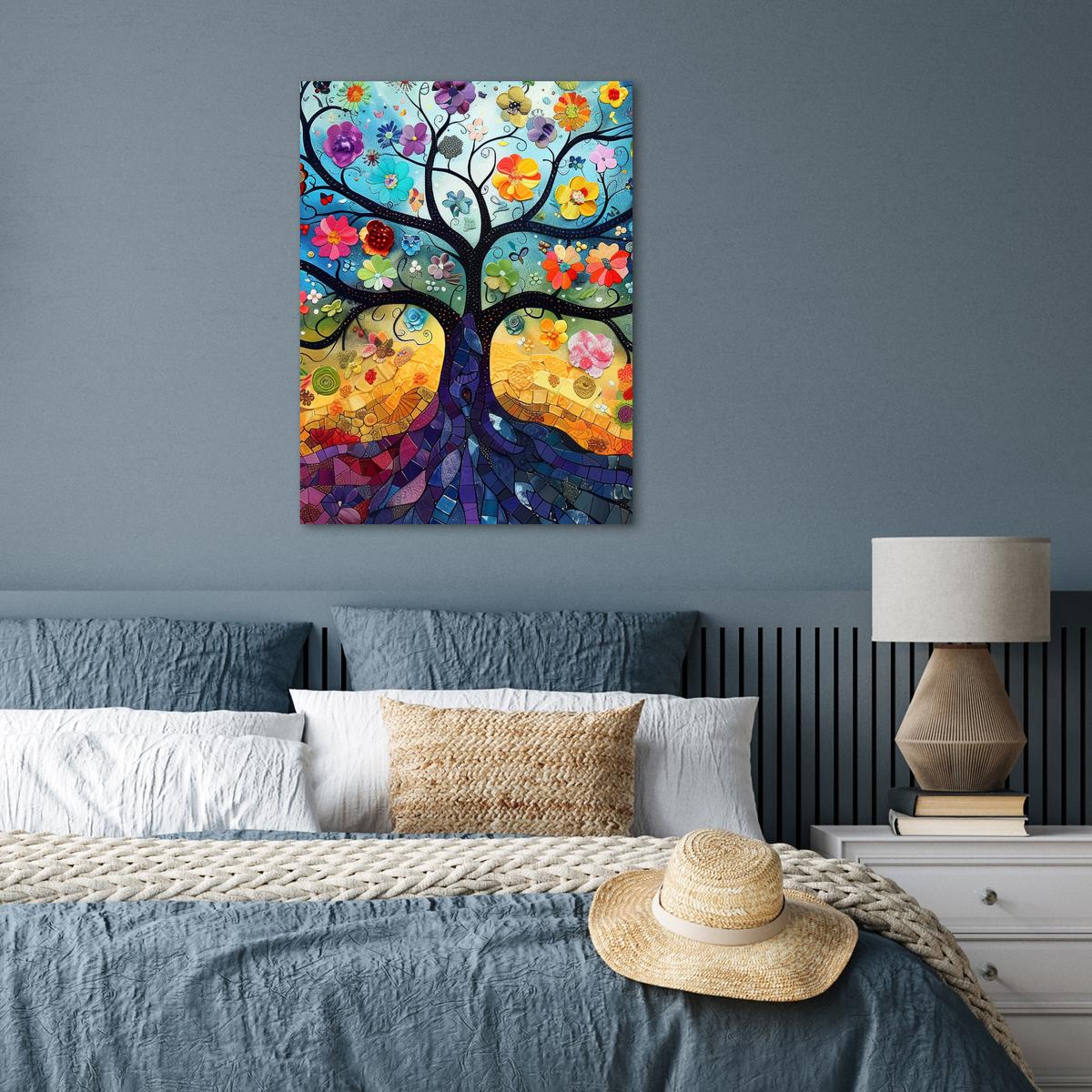 POSTER Kunst - Baum des Lebens - Blumen - Hippie Deko Wohnzimmer 60x80 cm - Dunkelblau, Papier (60/80/0.1cm) - MuchoWow