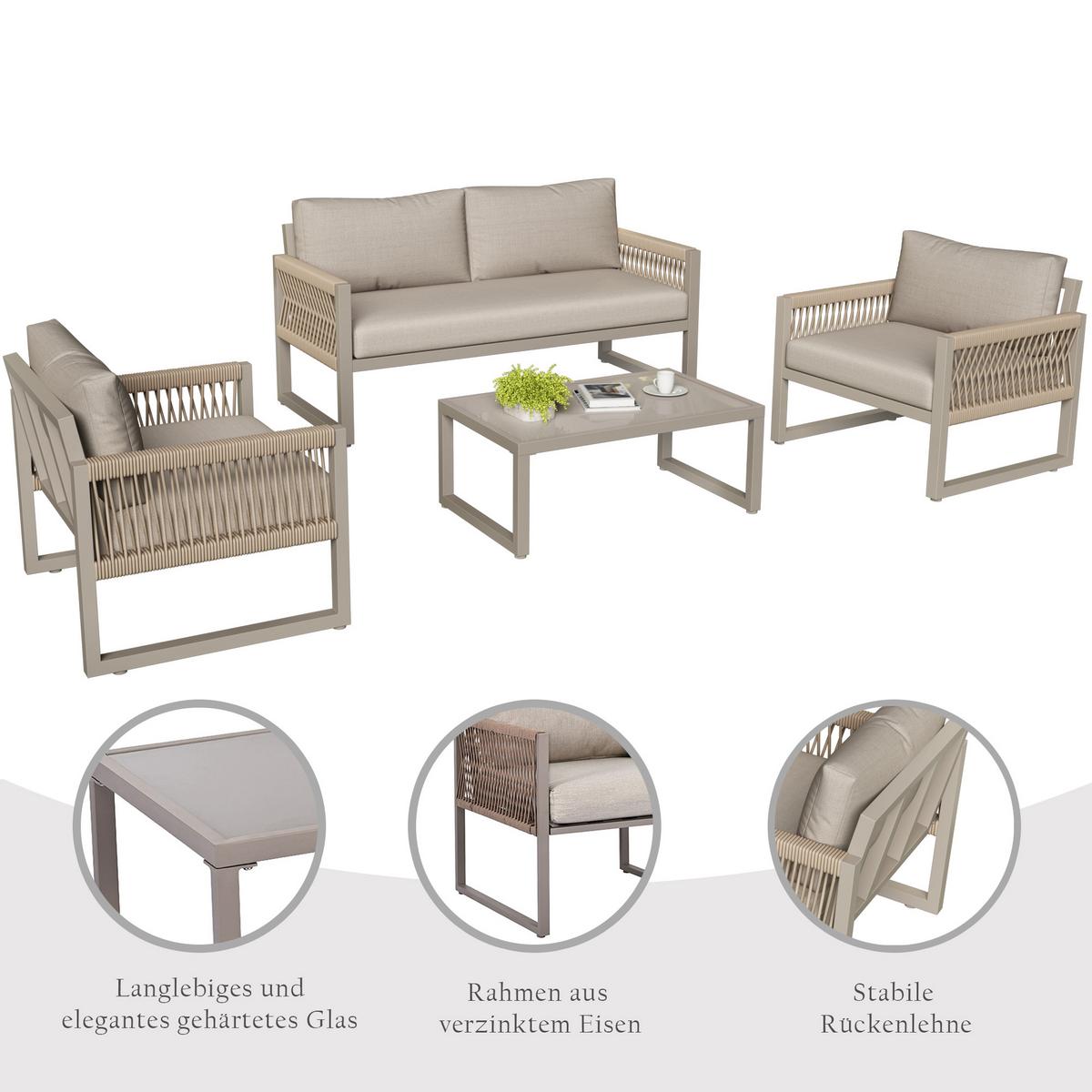 LOUNGEGARNITUR 4-tlg Khaki Metall & Seil Outdoor Sofaset mit 2 Sesseln, Sofa & Glastisch - Sandfarben, Metall - Urban Meuble