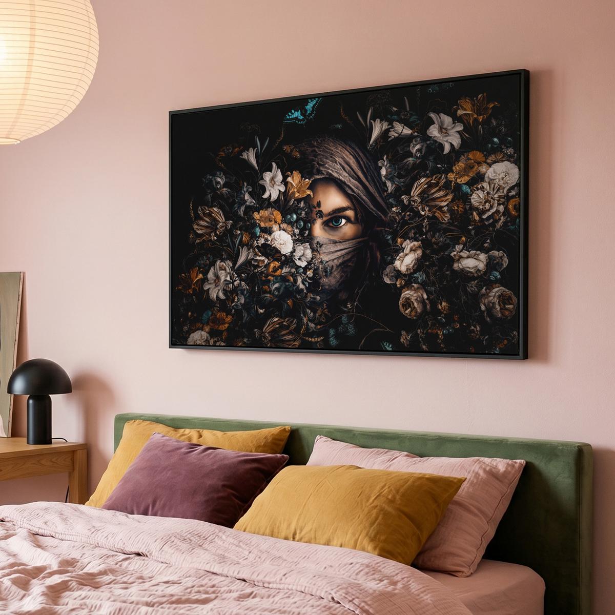 LEINWAND Bilder mit Rahmen - Frau - Luxus - Blumen - Schmetterling - Porträt - 120x80 - Schwarz, Textil (120/80cm) - MuchoWow