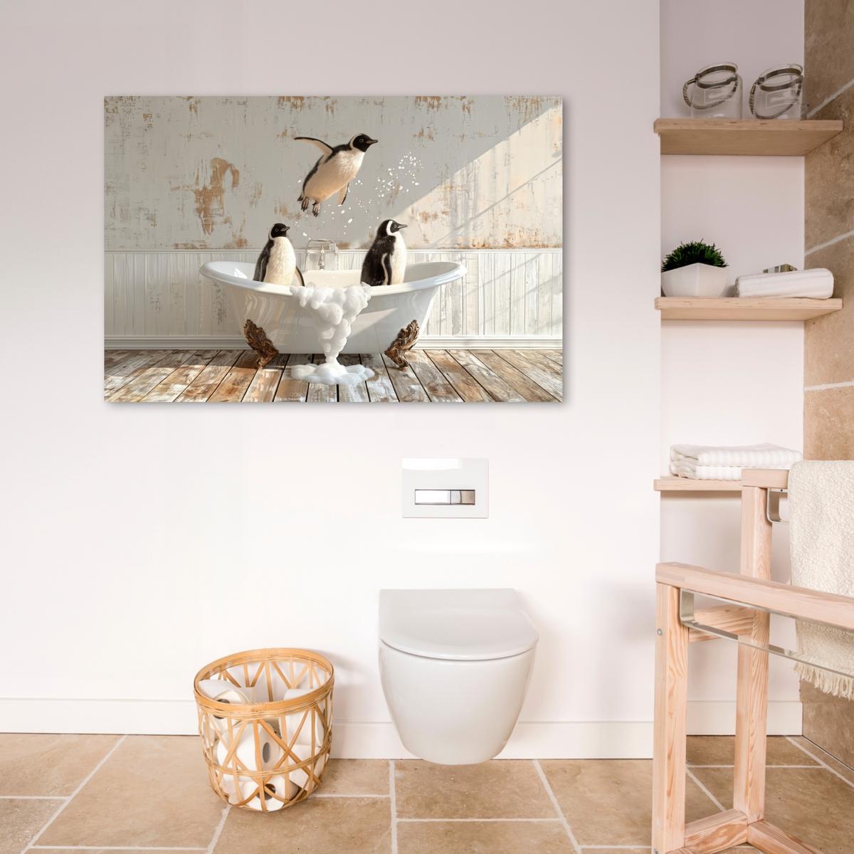 LEINWANDBILD Vintage - Pinguin - Badewanne - Schaumstoff Wohnzimmer Groß 120x80 cm - Schwarz, Textil (120/80cm) - MuchoWow