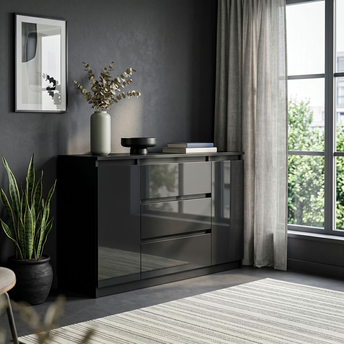 KOMMODE NUDO 120/78,5/39cm mit 3 Schubladen 2 Türen Schwarz - Schwarz Hochglanz/Schwarz, Holzwerkstoff (120/78.5/39cm) - MASSENO