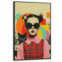 LEINWAND Bilder mit Rahmen - Mädchen - Sonnenbrille - Katze - Retro - 80x120 - Beige, Textil (80/120cm) - MuchoWow