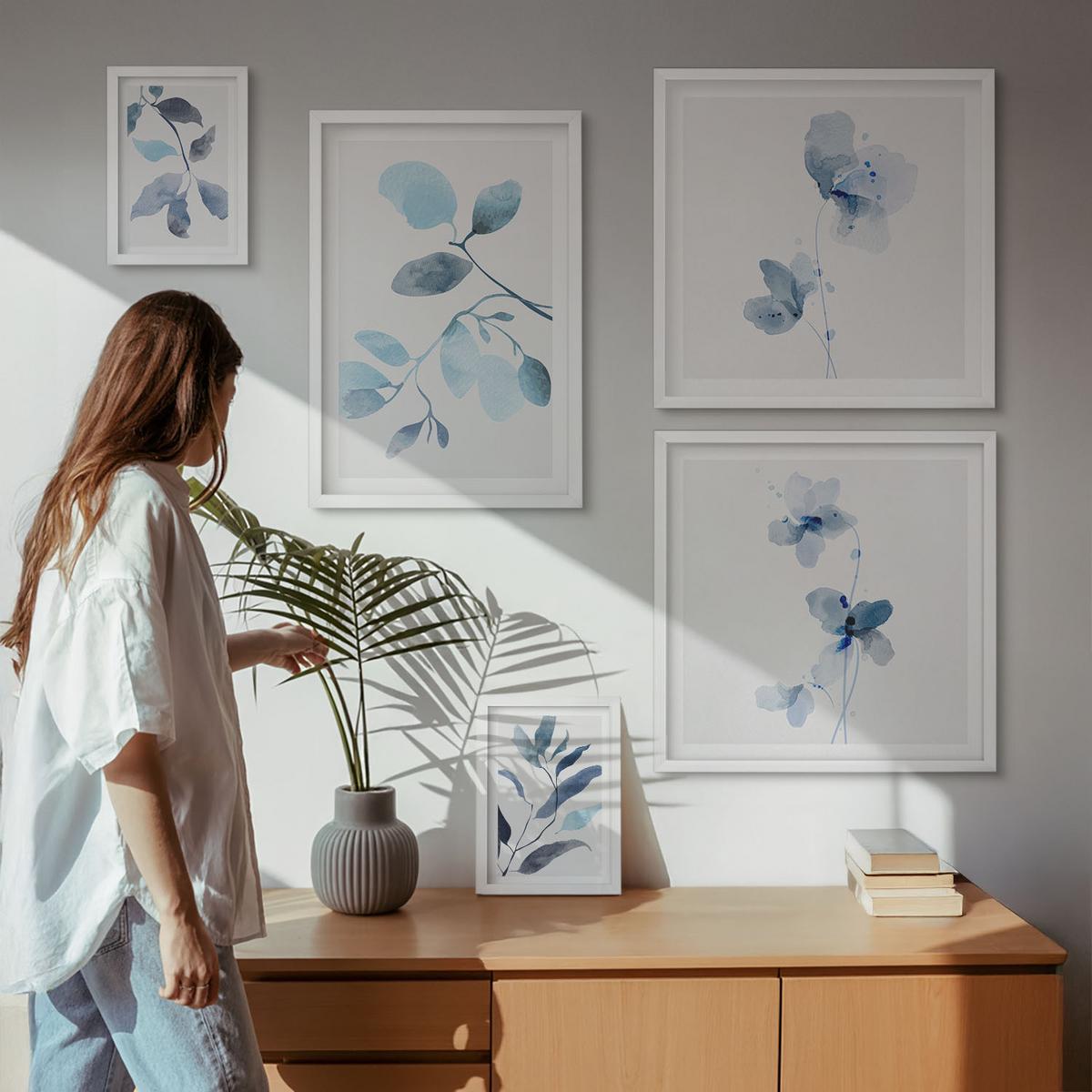 BILDER SET 5er Set - 50x50 cm & 20x30 cm & 40x60 cm Weißer Rahmen - Aquarell von blauen Blättern - Weiß, Kunststoff (40/60cm) - TULUP