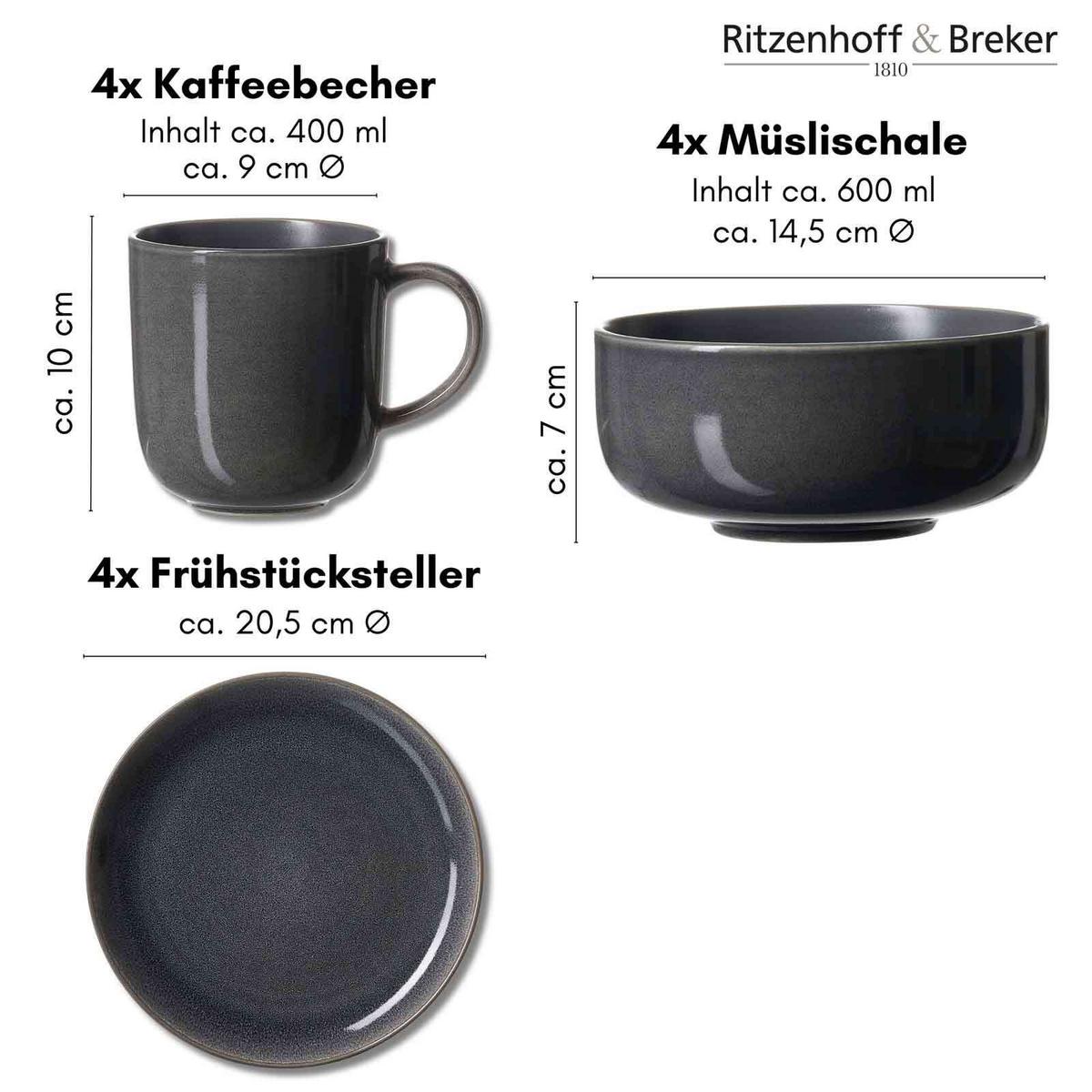 FRÜHSTÜCKS-SET Toledo grau 12-tlg. - Grau, Keramik (2/2/2cm) - Ritzenhoff Breker