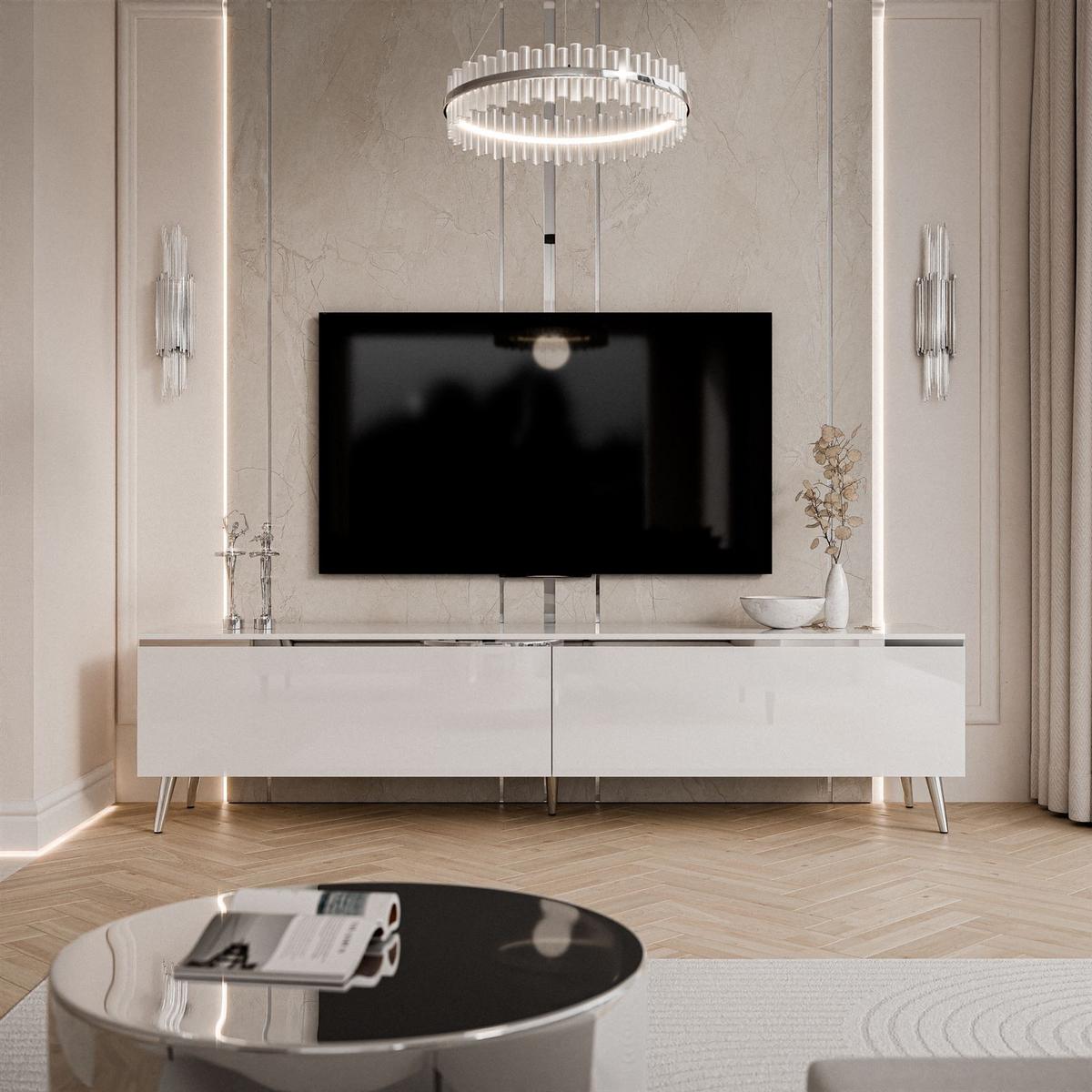 TV-SCHRANK AURORA SILVER 180 cm mit LED-Beleuchtung – schräge Chrombeine - Chromfarben/Weiß Hochglanz, Holzwerkstoff/Metall (180/45/40cm) - Lookway