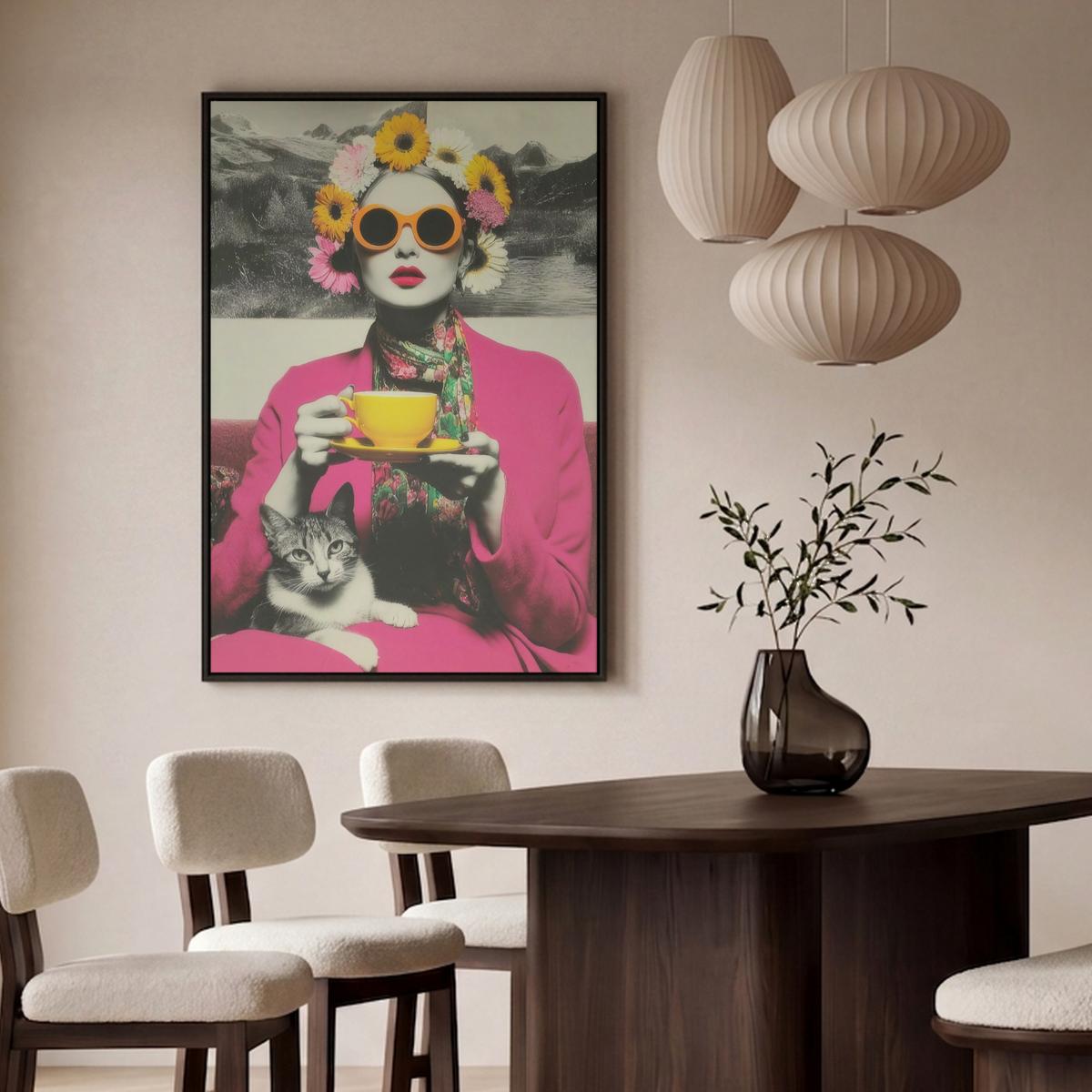 LEINWAND Bilder mit Rahmen - Frau - Katze - Blumen - Tasse - Retro - 90x140 - Magenta, Textil (90/140cm) - MuchoWow