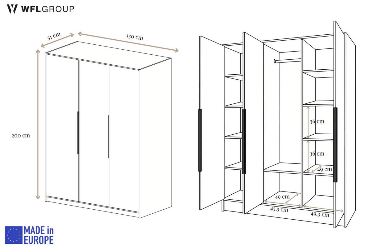 KLEIDERSCHRANK Mono Lux mit Speigel, Drehtüren mit Schwarze Metallgriffe, Weiß 150/200/51 cm - Schwarz/Weiß, Holzwerkstoff (150/200/51cm) - WFL GROUP