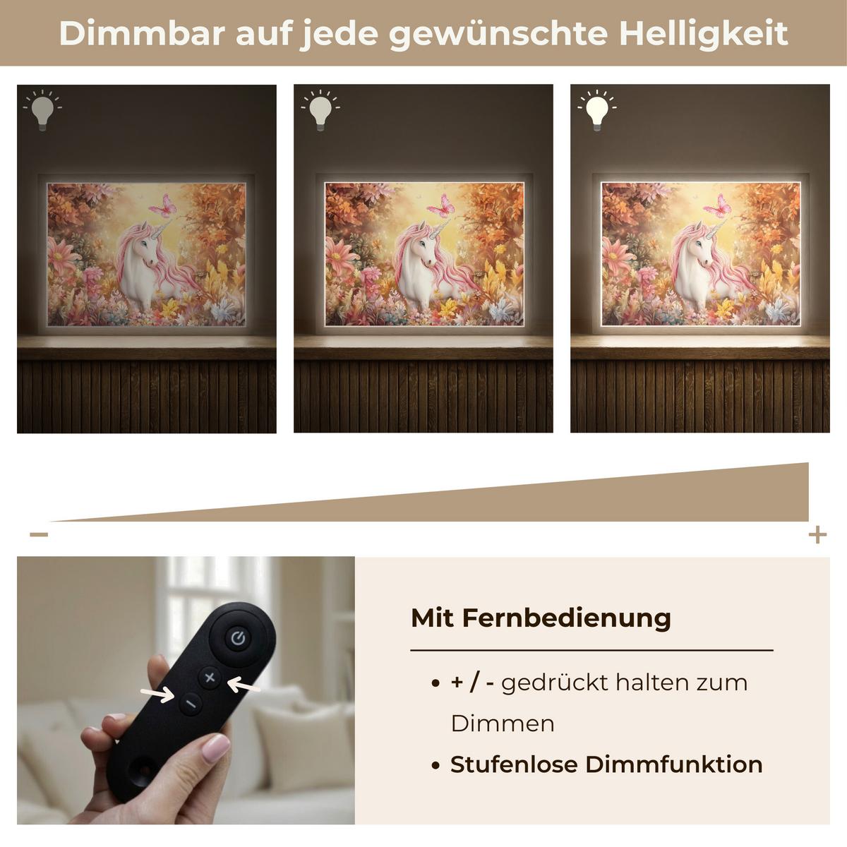 WANDLEUCHTE MIT AKKU Einhorn - Blumen - Schmetterling - Rosa 40x30 cm - Beige, Holzwerkstoff (40/30/8cm) - OnlyWow