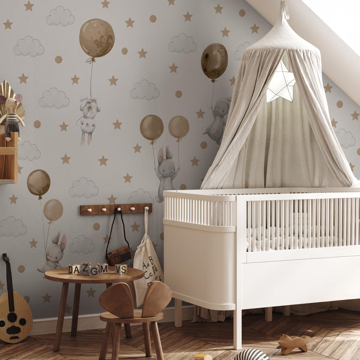 WANDAUFKLEBER SET Hasen Ballons Wolken Sterne 120x60 - Beige/Braun, Papier (120/60/1cm) - Muralo