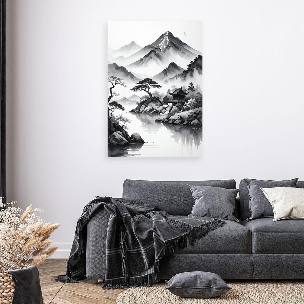 LEINWANDBILD Japanische Landschaft gemalt mit Tinte 40x60cm - Schwarz, Textil (40/60cm) - Feeby