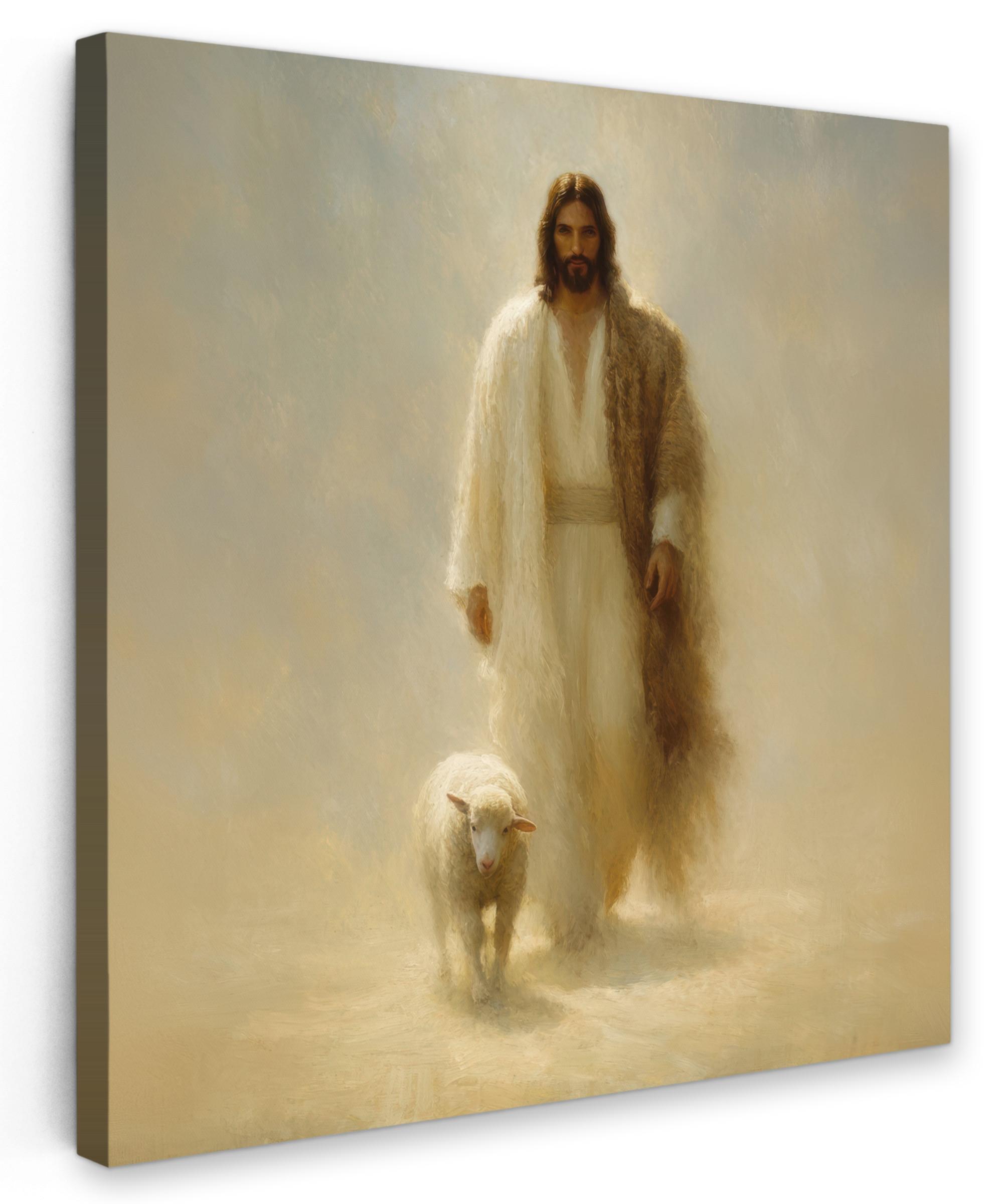 LEINWANDBILD Schaf - Jesus - Pinselstriche - Abstrakt Deko Groß 90x90 cm - Sandfarben, Textil (90/90cm) - MuchoWow