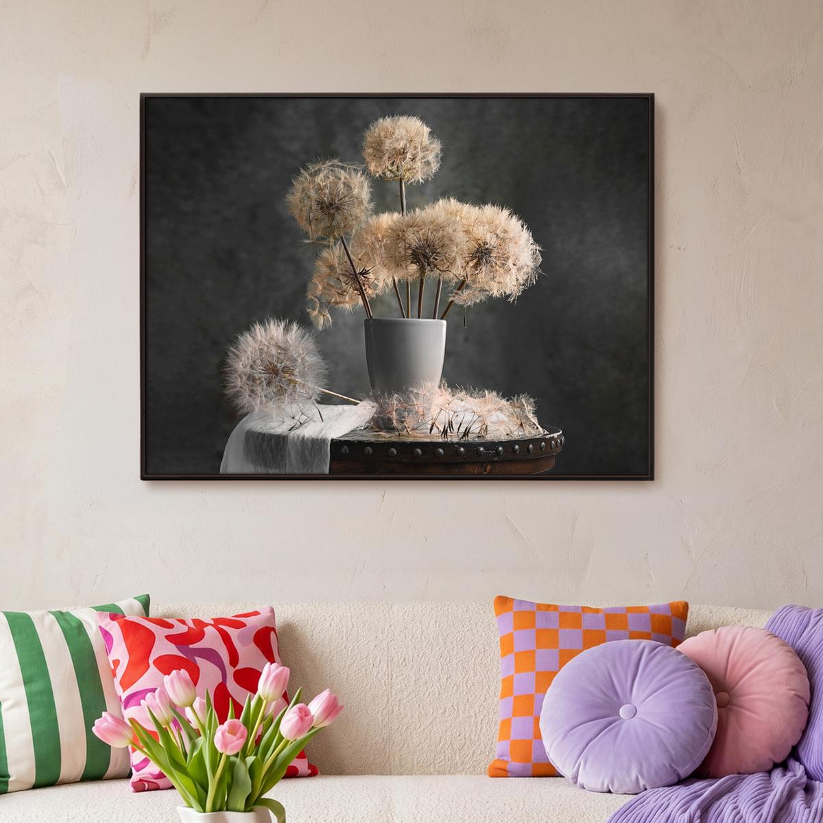 LEINWAND Bilder mit Rahmen - Blumensamen - Löwenzahn - Vase - Stilleben - Blumenstrauß - 100x70 - Dunkelgrau, Textil (100/70cm) - MuchoWow