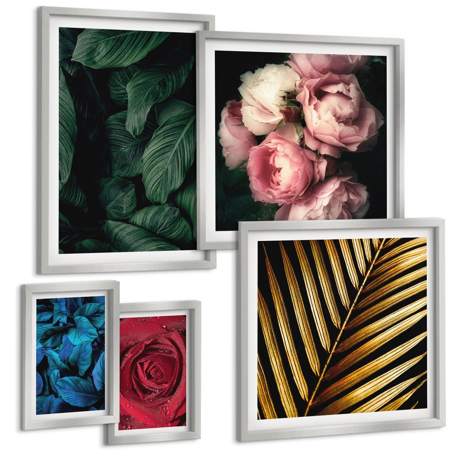 BILDER SET 5er Set - 50x50 cm & 20x30 cm & 40x60 cm Silberner Rahmen - Abstrakte schwarze Muster - Silberfarben, Kunststoff (40/60cm) - TULUP