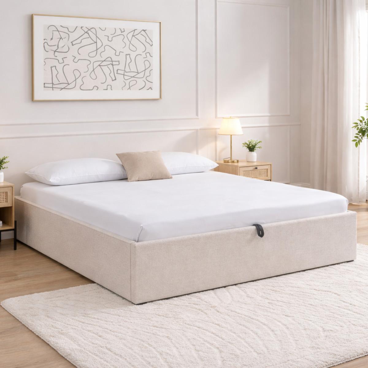 BETT mit Bettkasten 160 x 200 cm aus meliertem Stoff 170/36,50/214 cm - Beige, Holz (200/160cm) - Calicosy