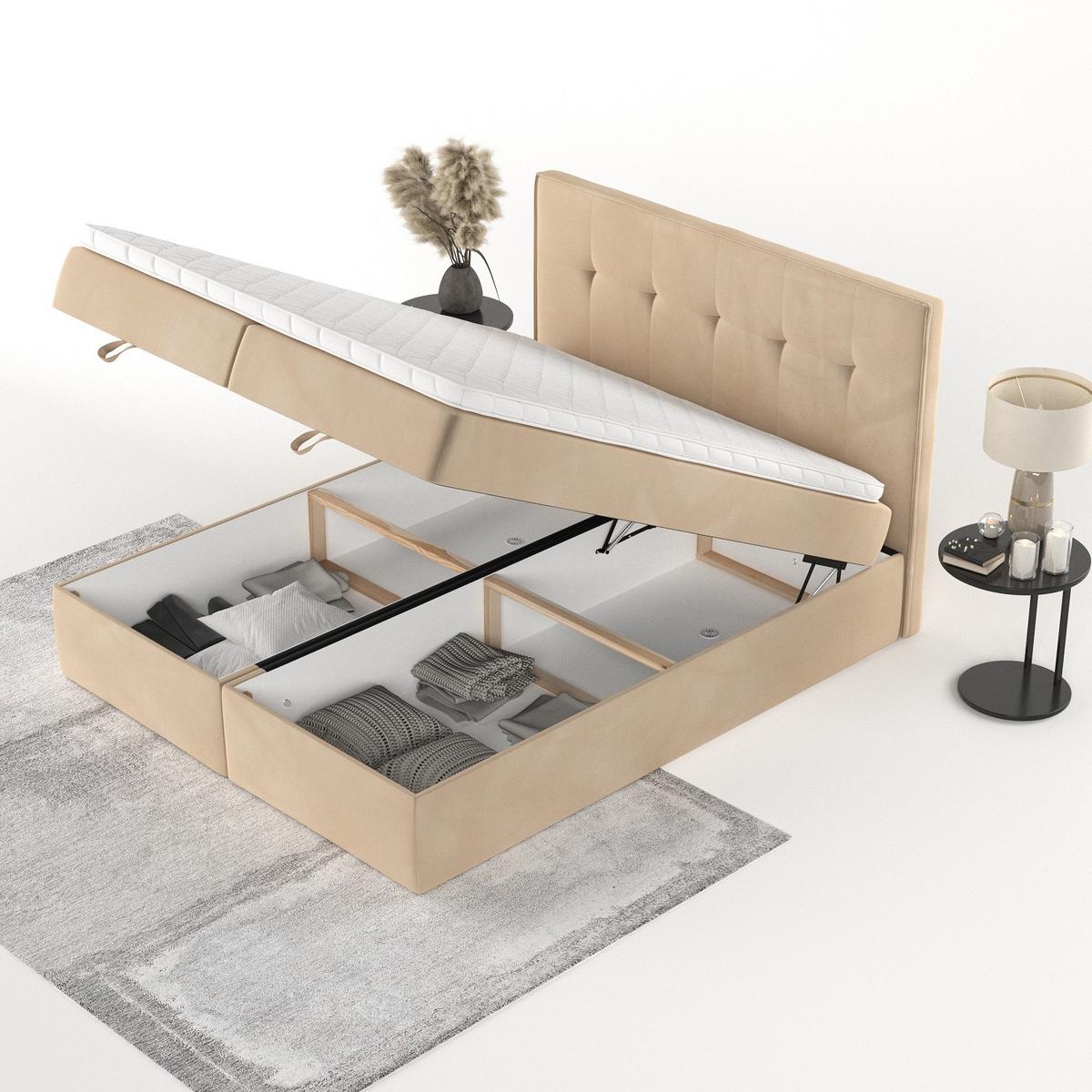 BOXBETT Tivra 200/200 cm Beige im Kronos Stoff - Beige/Schwarz, Holz/Holzwerkstoff (200/200cm) - AltaBeds