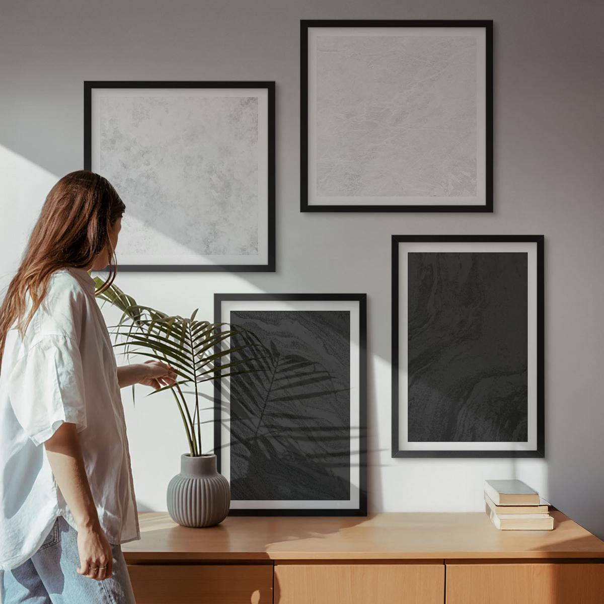 BILDER SET 4er Set - 50x50 cm & 40x60 cm Schwarzer Rahmen - Dunkles Licht, glamouröse Marmor - Schwarz, Kunststoff (50/50cm) - TULUP