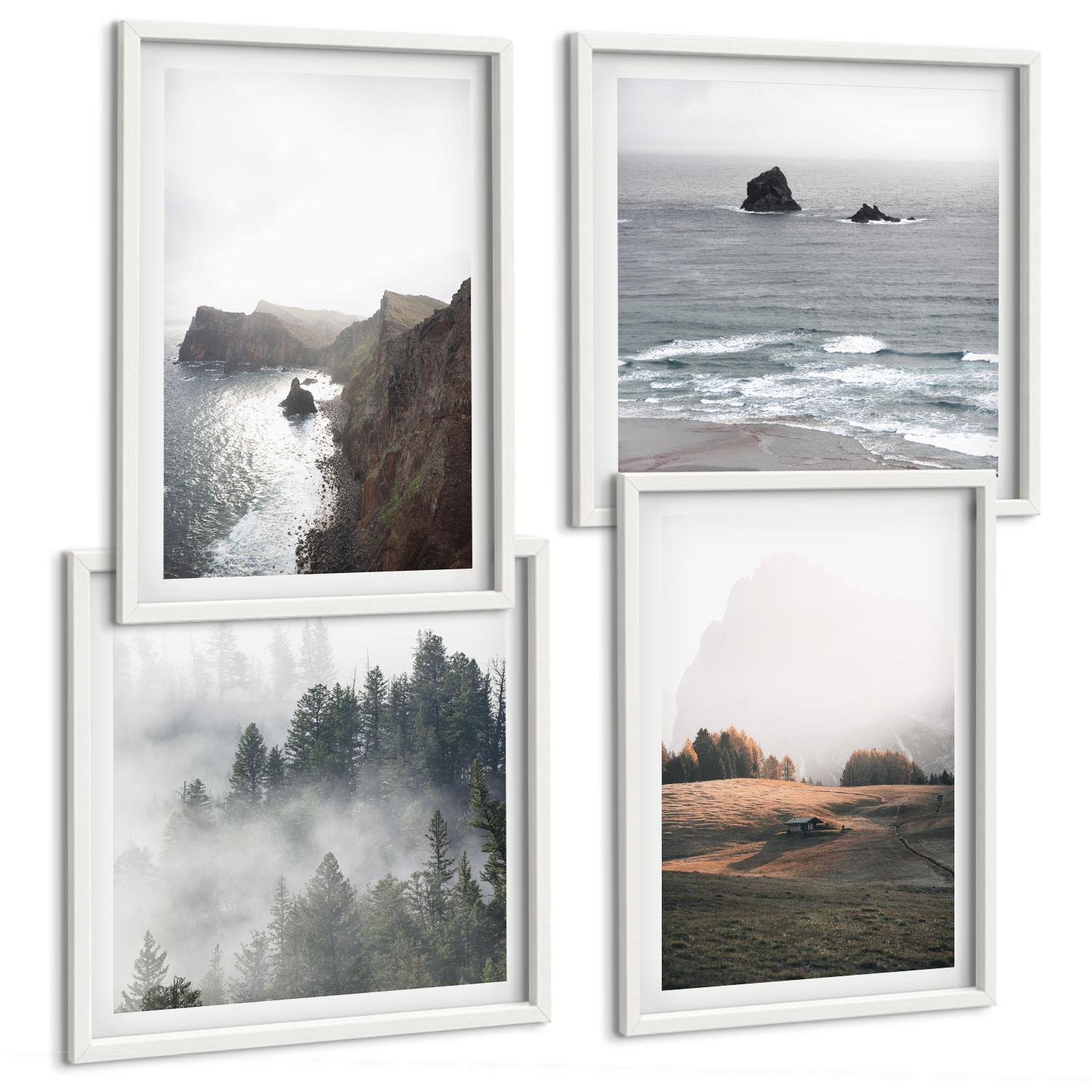 BILDER SET 4er Set - 50x50 cm & 40x60 cm Weißer Rahmen - Landschaften aus Bergen und Meer - Weiß, Kunststoff (50/50cm) - TULUP