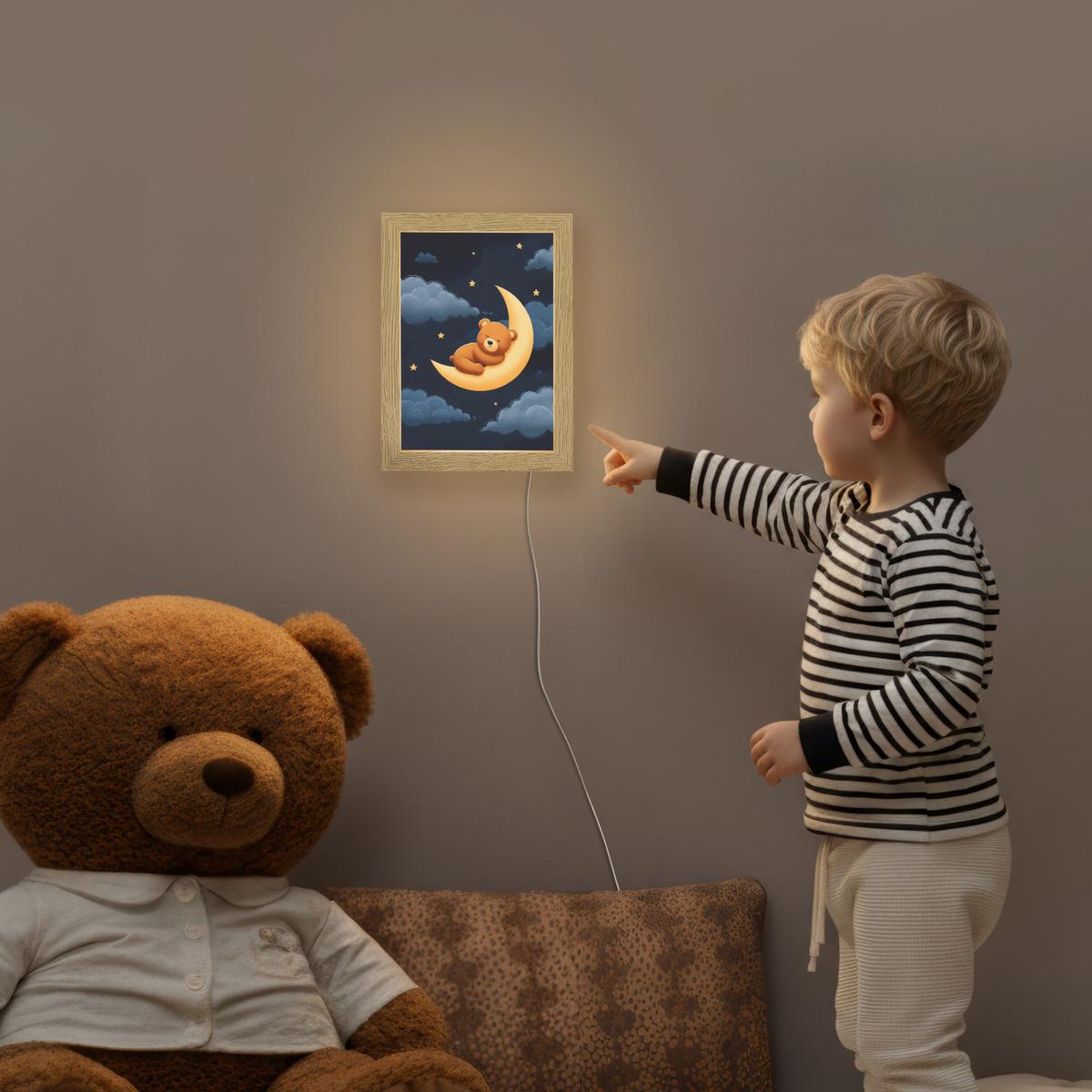 NACHTTISCHLAMPE Teddybär - Mond - Wolken - Sterne 15x20 cm - Dunkelblau, Holzwerkstoff (8/15/20cm) - OnlyWow