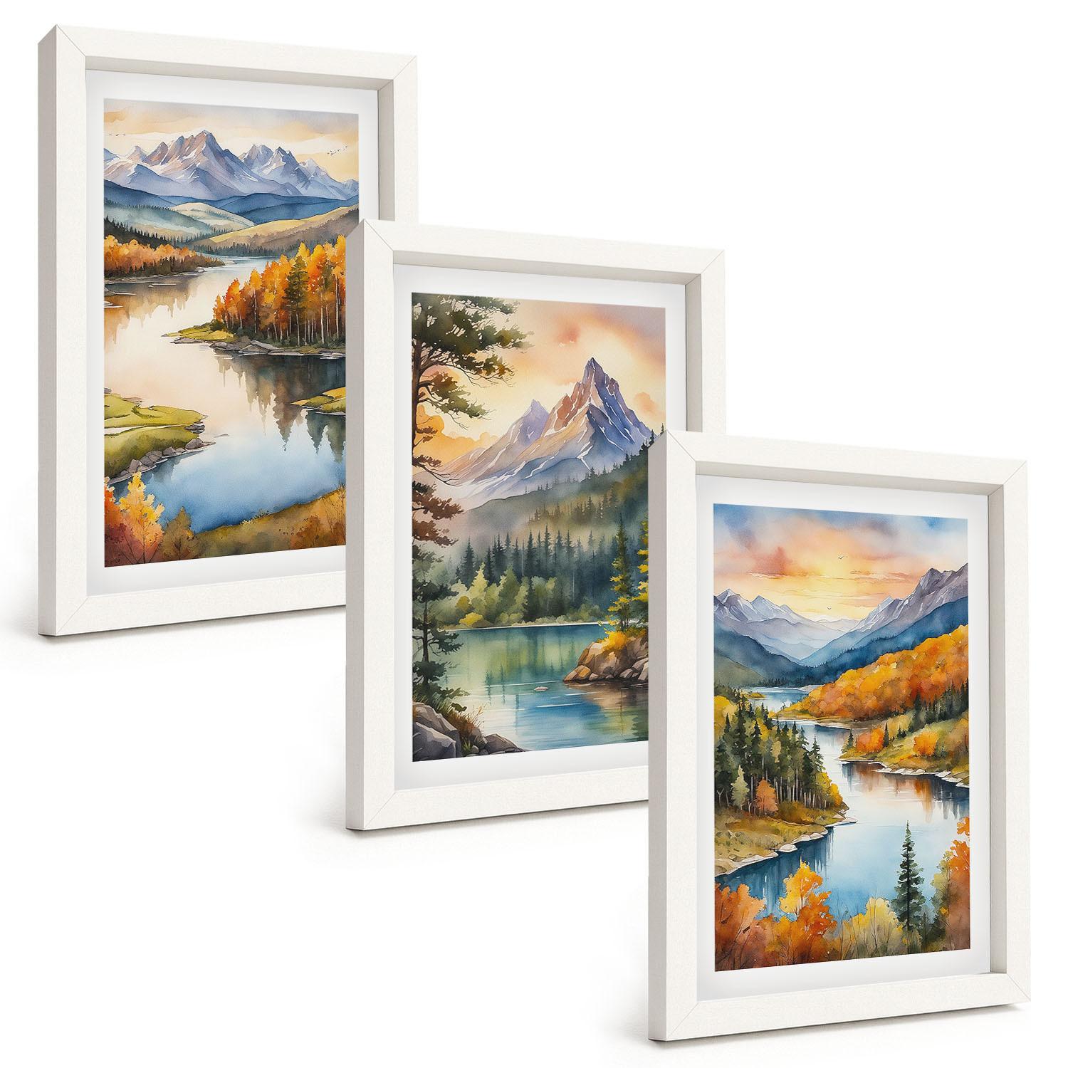 BILDER SET 3er Set - 20x30 cm Weißer Rahmen - Berglandschaften mit einem Fluss - Weiß, Kunststoff (20/30cm) - TULUP