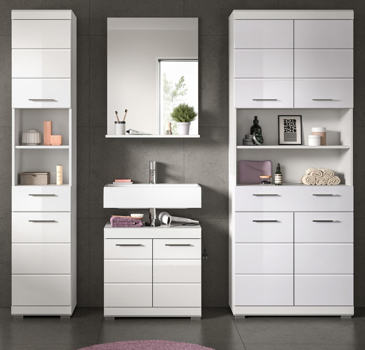 BADMÖBEL-SET weiß Hochglanz 4-teilig 200 cm, Komplettset mit viel Stauraum - Weiß Hochglanz, Glas/Holzwerkstoff (186/191/34cm) - Inn.Furn