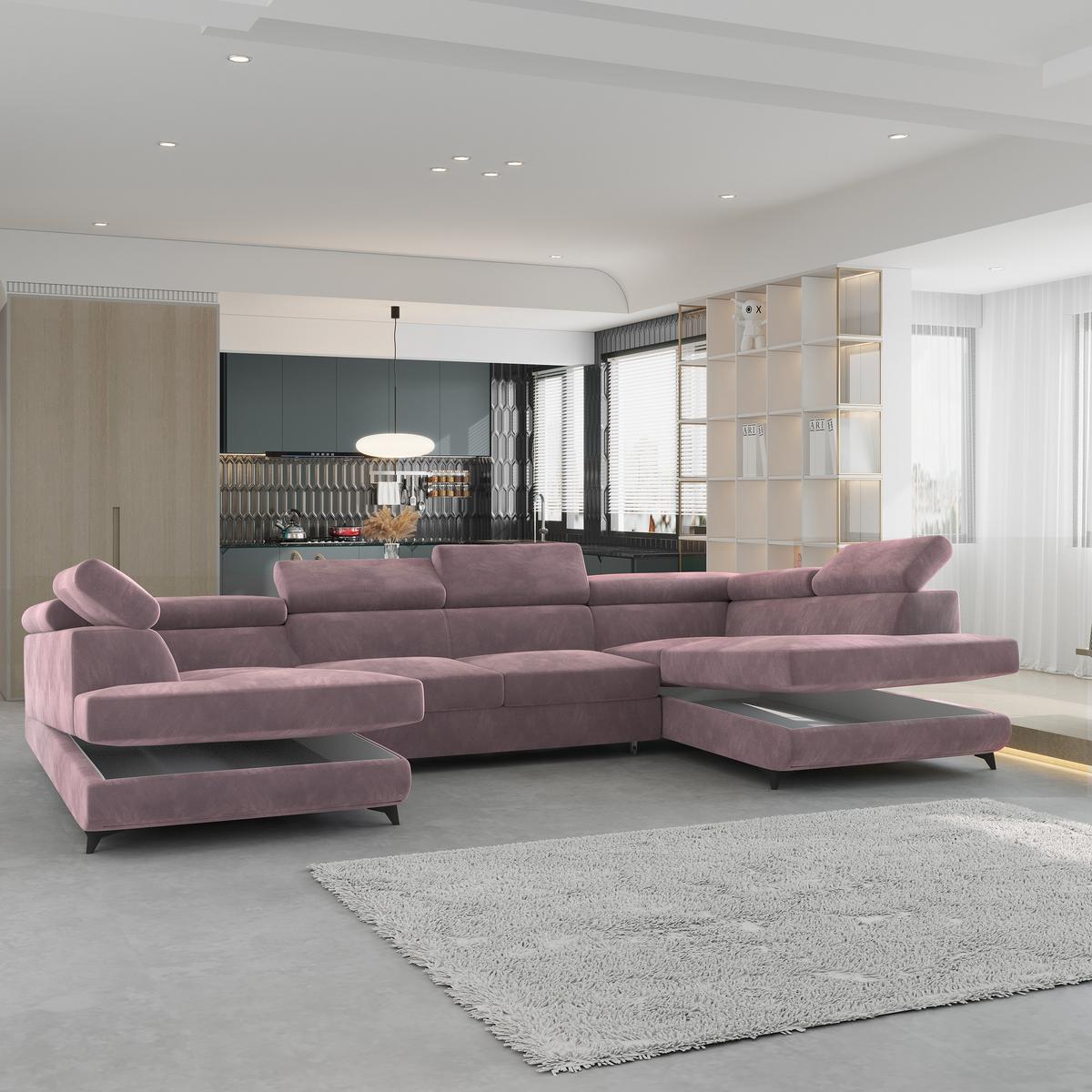 WOHNLANDSCHAFT VINTESSA Lila Velours-Stoff mit Schlaffunktion - Lila, Holz (323/89/190cm) - MASSENO