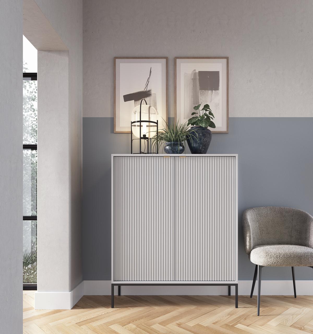 SIDEBOARD Eternas 2T Grau 104/125/39 cm – schwarze Füße, mit geriffelten Fronten - Schwarz/Grau, Holzwerkstoff (104/125/39cm) - AX Living