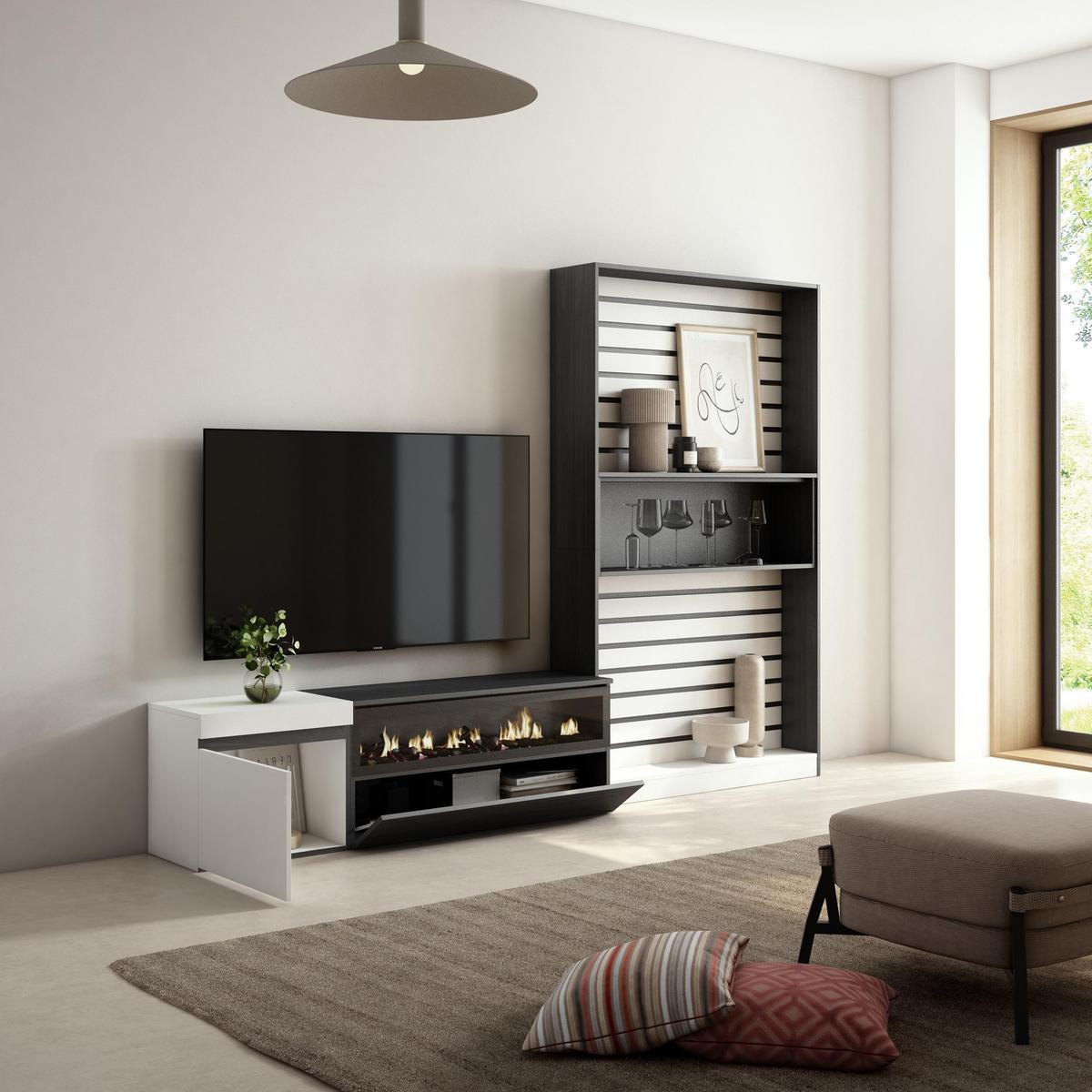 WOHNWAND Elektrokamin, weiß, schwarz, 260/35/186cm - Schwarz/Weiß, Holzwerkstoff (260/186/35cm) - Skraut Home