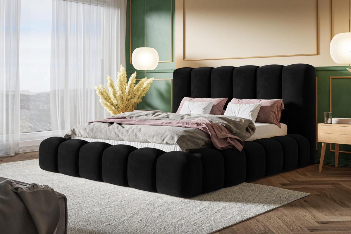 BETT 140x200 - Polsterbett mit Bettkasten und Metallrahmen - Modern Bett - Eleganter Amor-Velvet-Stoff - Kollektion Nora Maxi - Schwarz - Schwarz, Holz/Textil (140/200cm) - Alpi-Möbel