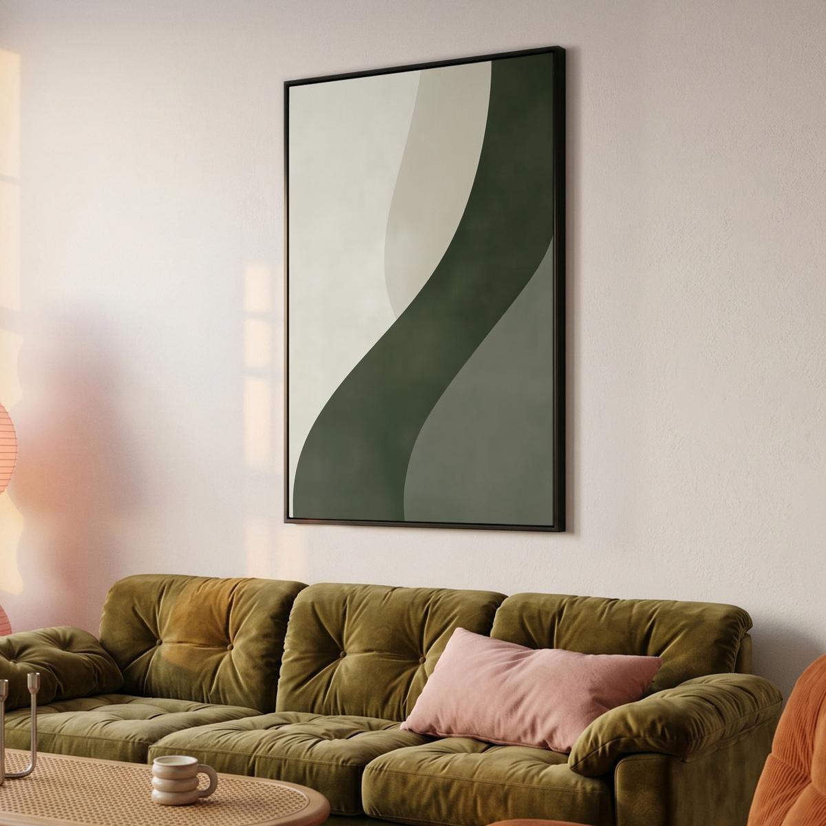 LEINWAND Bilder mit Rahmen - Japandi - Grün - Abstrakt - Modern - 80x120 - Salbeigrün, Textil (80/120cm) - MuchoWow