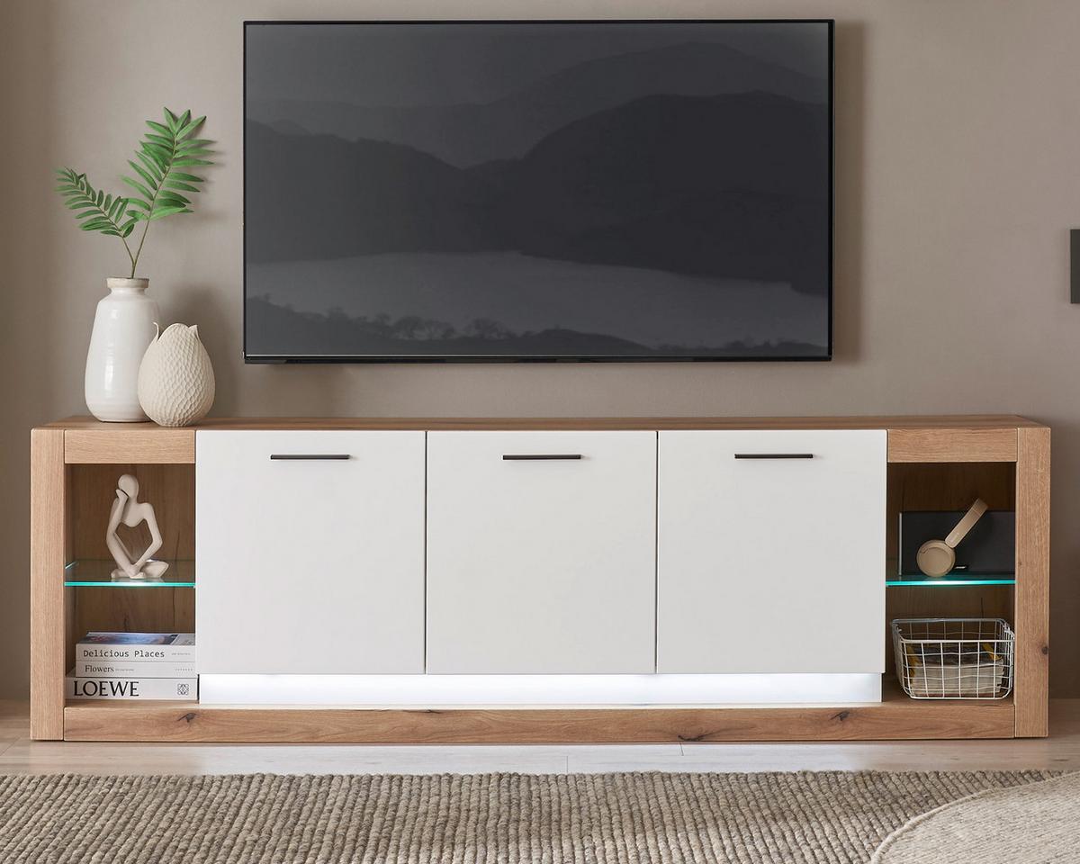 TV-LOWBOARD weiß matt, Evoke Eiche, TV Unterteil Komforthöhe XL-Board - Eichefarben/Silberfarben, Glas/Holzwerkstoff (198/61/43cm) - Furn.Design