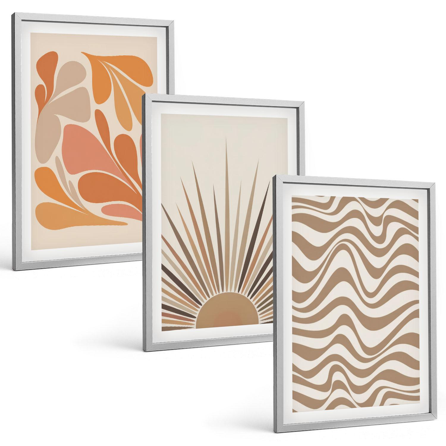 BILDER SET 3er Set - 40x60 cm Silberner Rahmen - Sonnen-Boho-Pastelltönen - Silberfarben, Kunststoff (40/60cm) - TULUP