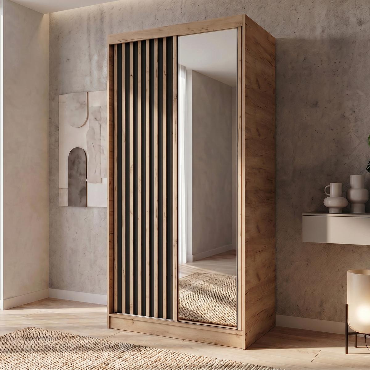 SCHWEBETÜRENSCHRANK Donatello mit 2 Türen und Schubkasteneinsatz, 100 cm, eiche Artisan+Schwarz - Schwarz/Eiche Artisan, Holzwerkstoff (100/205/60cm) - Beautysofa