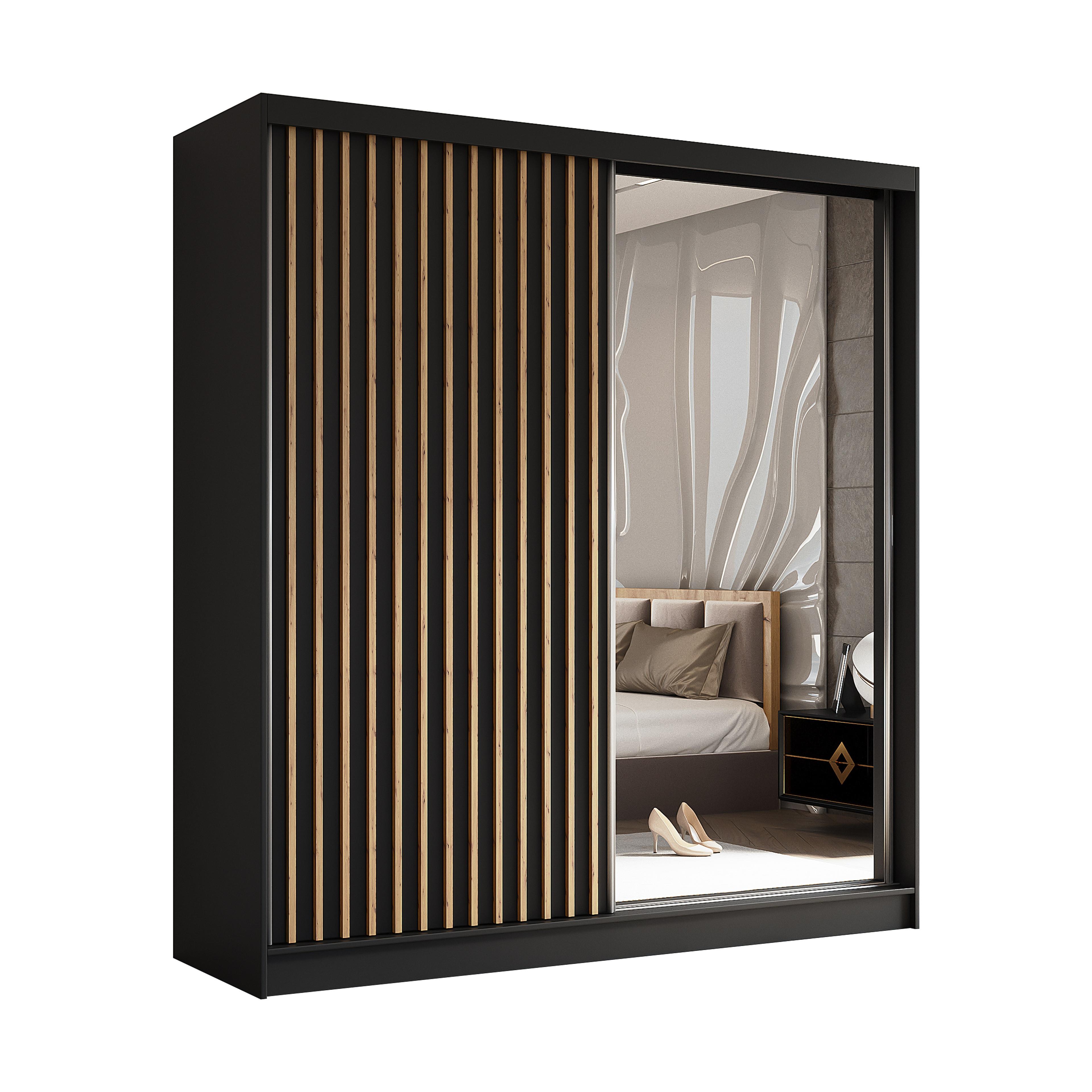 SCHWEBETÜRENSCHRANK LAMELLO 200/216/61 cm 2-türig mit Spiegel Schwarz - Schwarz, Holzwerkstoff (200/216/61cm) - MASSENO