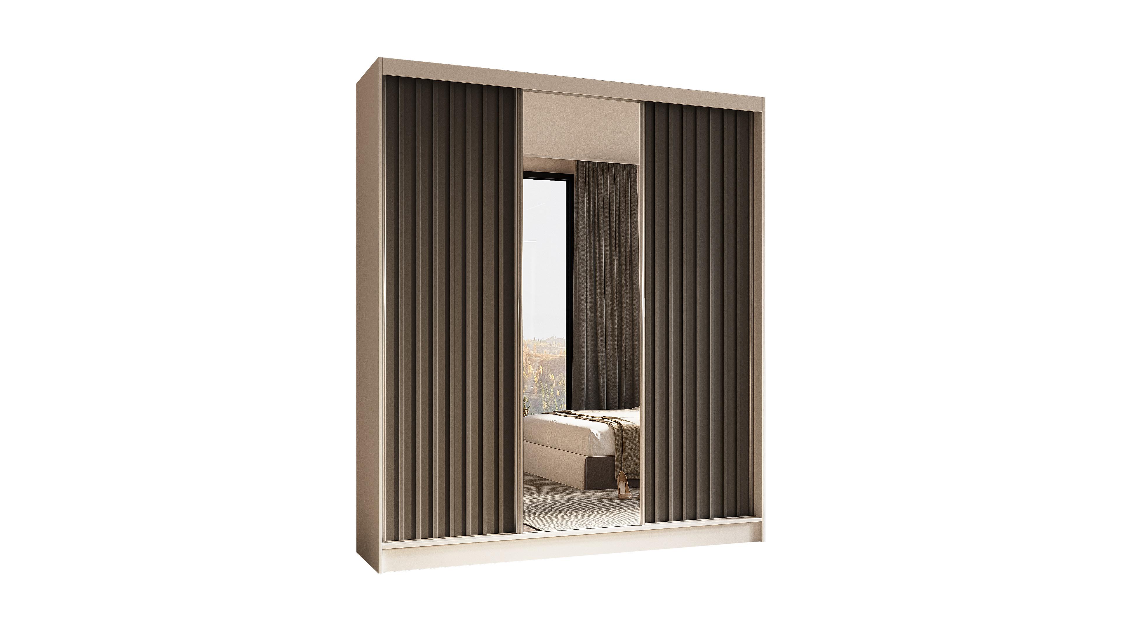 KLEIDERSCHRANK mit Spiegel-Schiebetüren und Aluminium-Leisten, LED-Beleuchtung - LAMELO - 180 cm Weiß+Grau+Grau - Weiß/Grau, Holzwerkstoff (180/216/61cm) - ALTDECOR