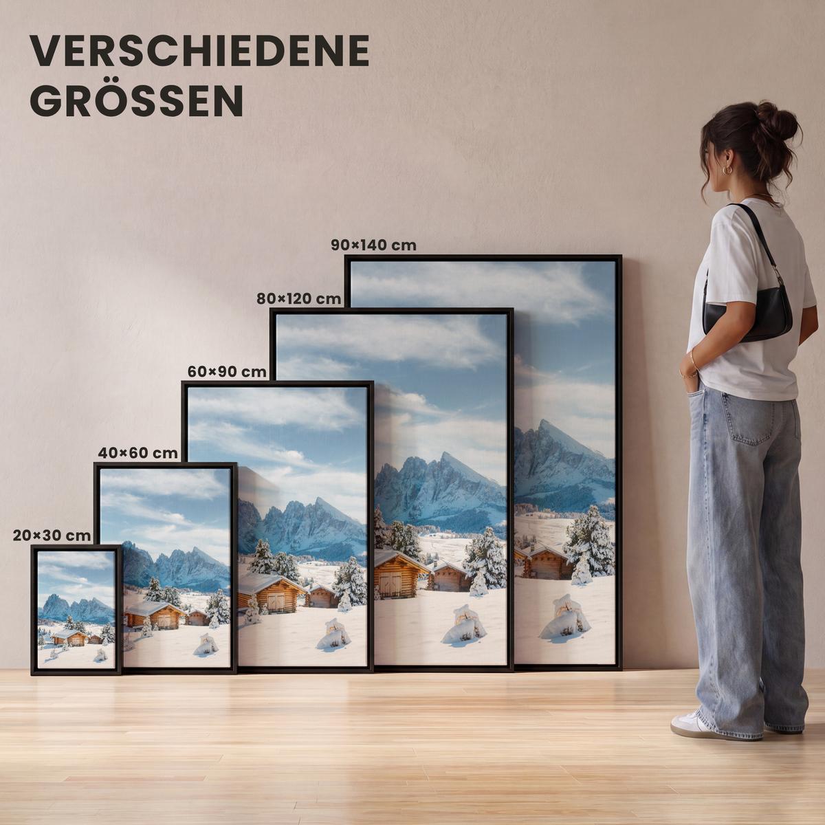 LEINWAND Bilder mit Rahmen - Winter - Hütte - Berge - Aussicht - Schnee - 100x150 - Eichefarben, Textil (100/150cm) - MuchoWow