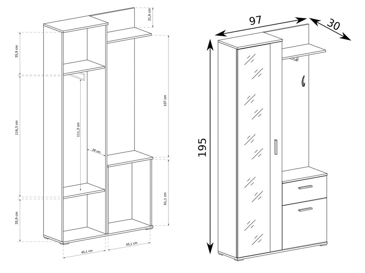 GARDEROBEN-SET Nex mit Spiegel, Haken & Stauraum – 97/195/30 cm – Trüffel Eiche/Weiß - Trüffeleichefarben/Weiß, Holzwerkstoff (97/195/30cm) - WFL GROUP