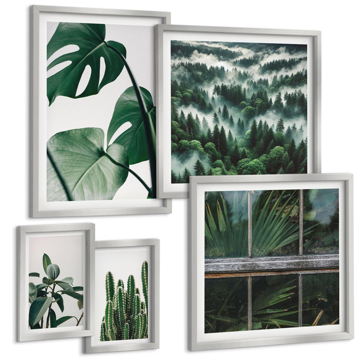 BILDER SET 5er Set - 50x50 cm & 20x30 cm & 40x60 cm Silberner Rahmen - Ästhetik tropischer Pflanzen - Silberfarben, Kunststoff (40/60cm) - TULUP