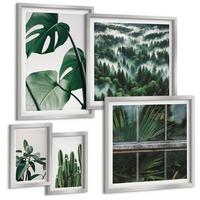 BILDER SET 5er Set - 50x50 cm & 20x30 cm & 40x60 cm Silberner Rahmen - Ästhetik tropischer Pflanzen - Silberfarben, Kunststoff (40/60cm) - TULUP