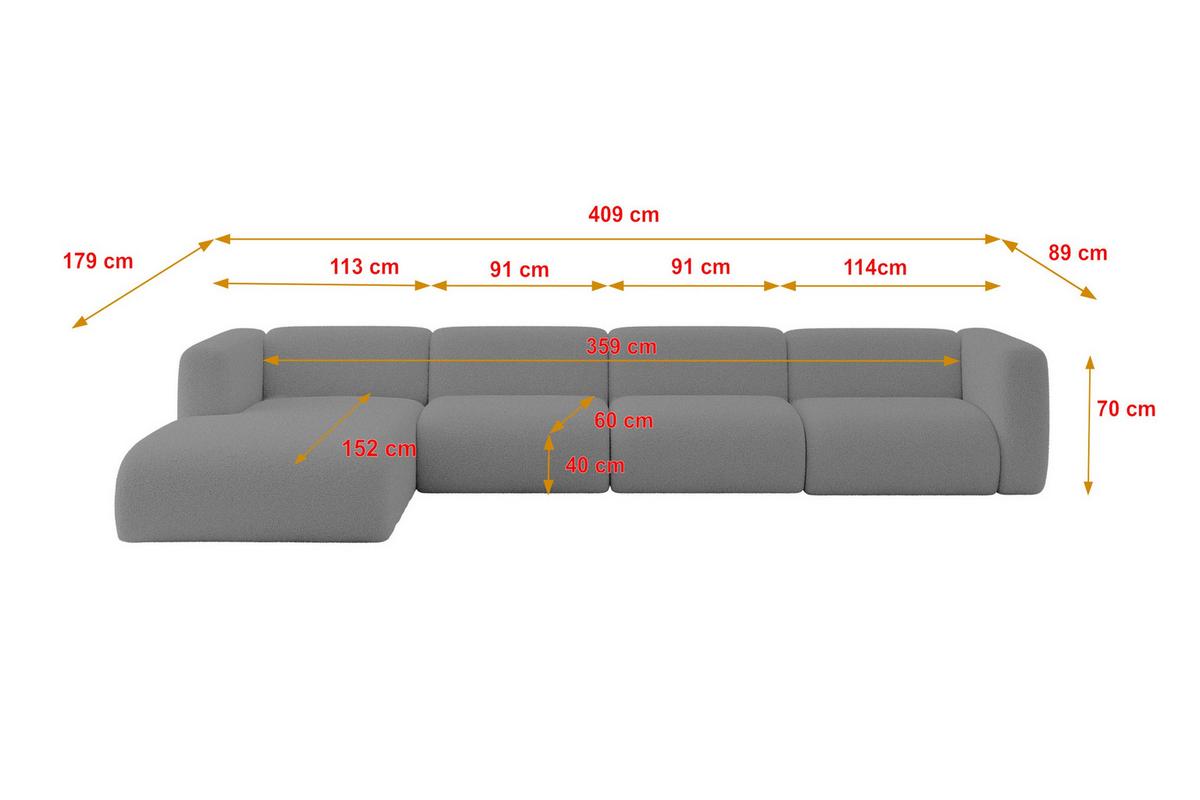 ECKSOFA Ottomane Links MIRA-L3 409x179x70 Grau Bouclé - Platinfarben/Schwarz, Holzwerkstoff/Kunststoff (409/179cm) - ALTDECOR